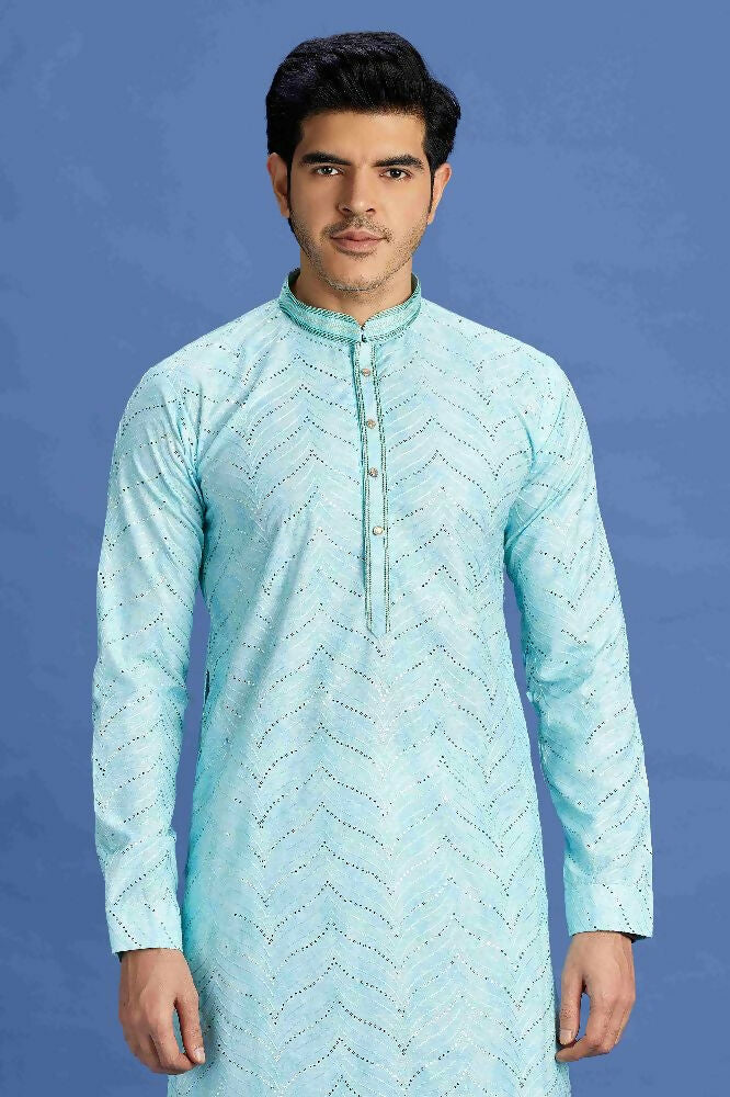 Raivat Ethnic Cotton Embroidery Kurta Pajama In Sky Blue Colour - Dista