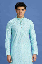 Thumbnail for Raivat Ethnic Cotton Embroidery Kurta Pajama In Sky Blue Colour - Dista