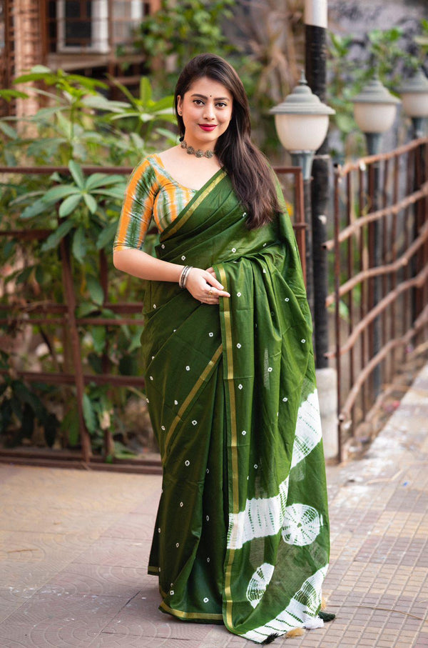 Mehndi Chanderi Cotton Block Print Saree with Unstitched Blouse - Hiral Fashion - Distacart