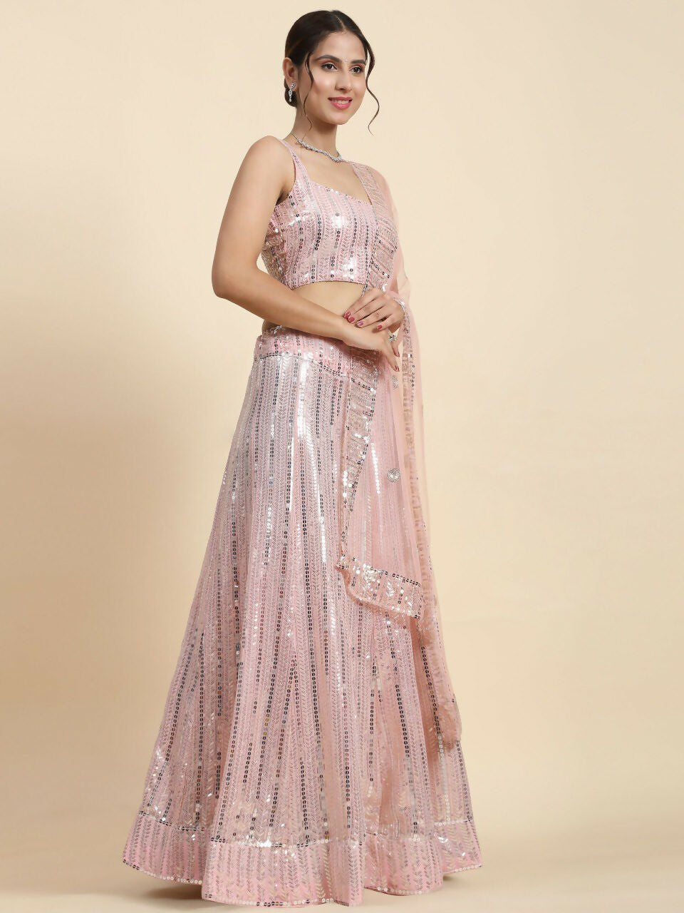 Jyoti Fashion Premium Pink Faux Georgette 3MM & 7MM Sequins Embroidery Lehenga Choli with Dupatta - Distacart