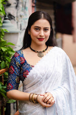 Thumbnail for White Poly Silk Ethnic Motifs Saree with Unstitched Blouse - A2M