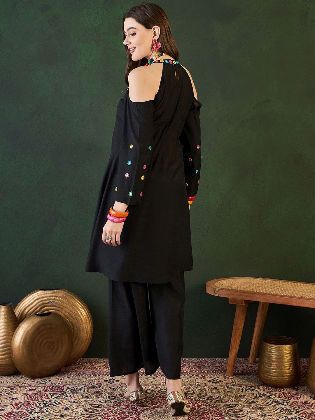 Sangria Embroidered Halter Neck Kurta & Palazzo With Bag - Distacart