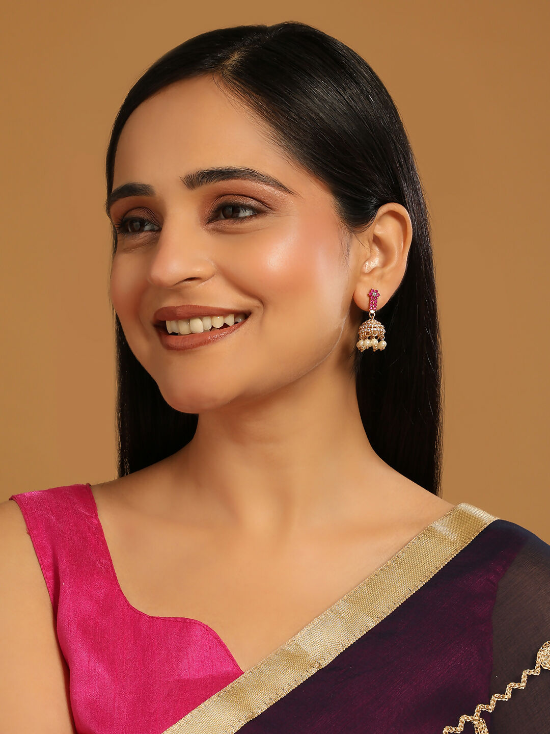 Nuyug 22K Gold Plated Pearl 7 Colored Stone Studded Contemporary Shaped Pink Mini Jhumkas