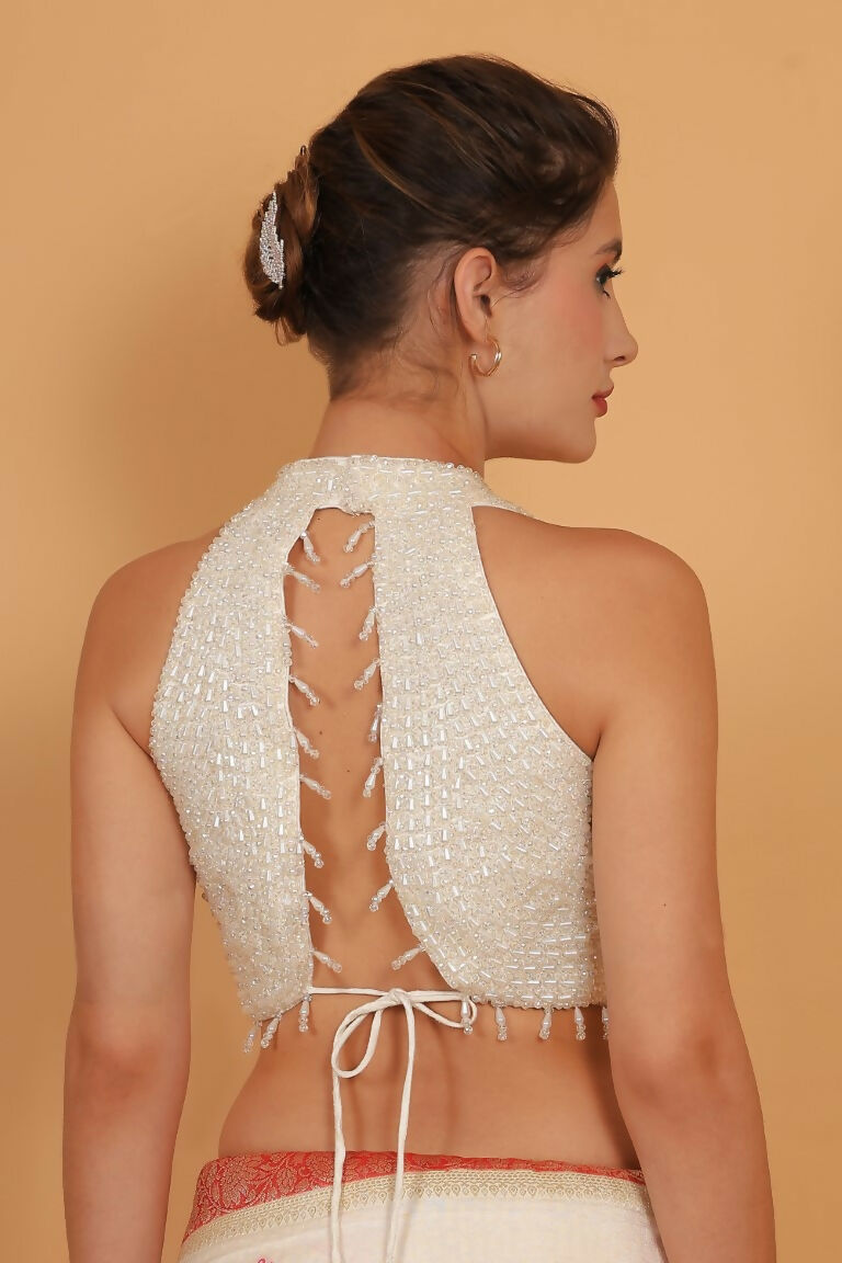 Joban Fashion Silk Pearl And Beads Hand Embroidery Padded Blouse - White