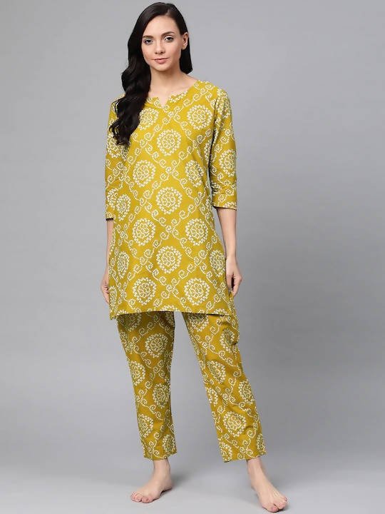 Anubhutee Green & White Bandhani Printed Cotton Night suit - Distacart