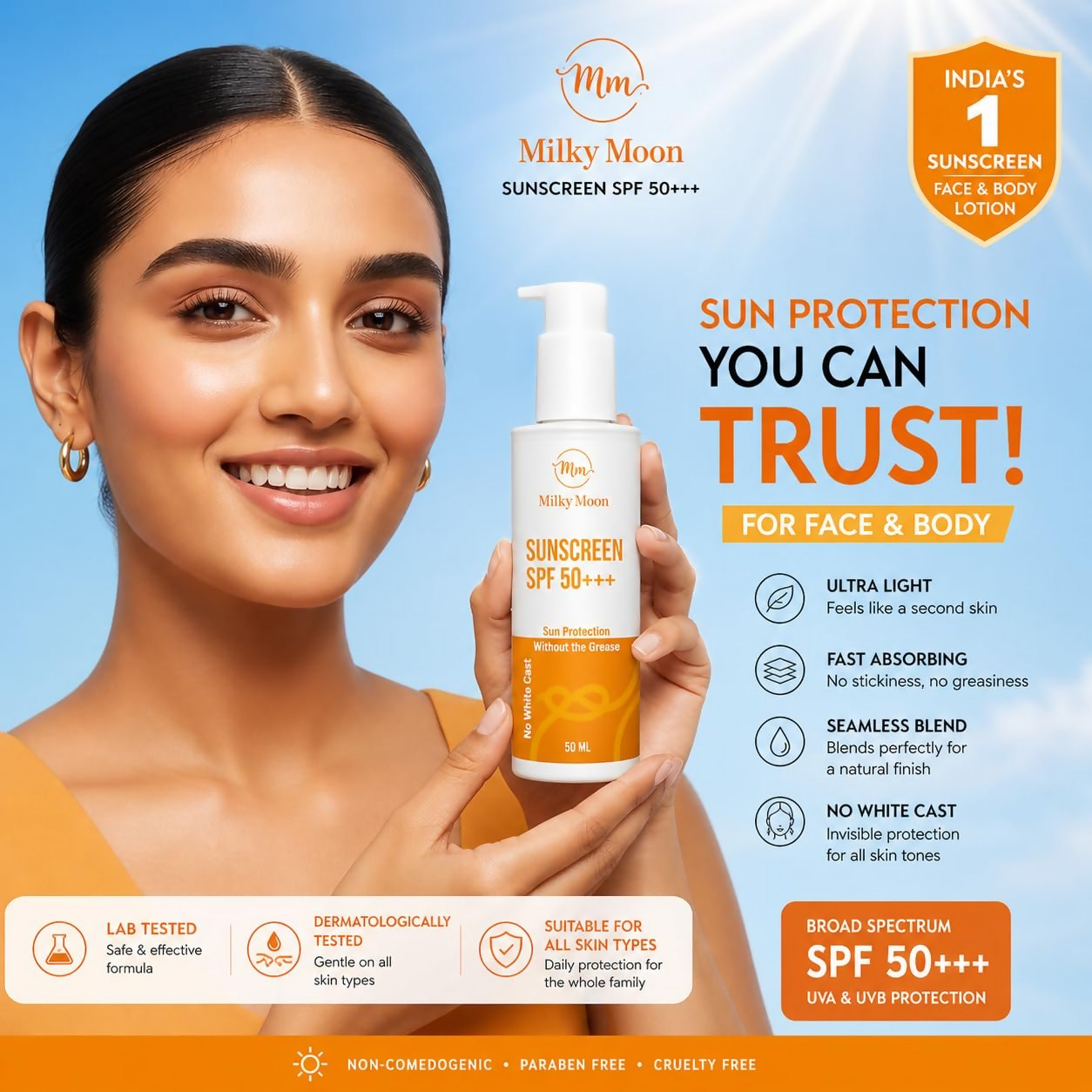 Milky Moon Sunscreen For Oily Skin Spf 50 Pa+++ Lightweight & Non-Greasy - Dista