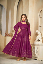 Thumbnail for Jyoti Fashion Women's Wine Georgette Embroidered Anarkali Kurta Pant Set With Dupatta - Distacart