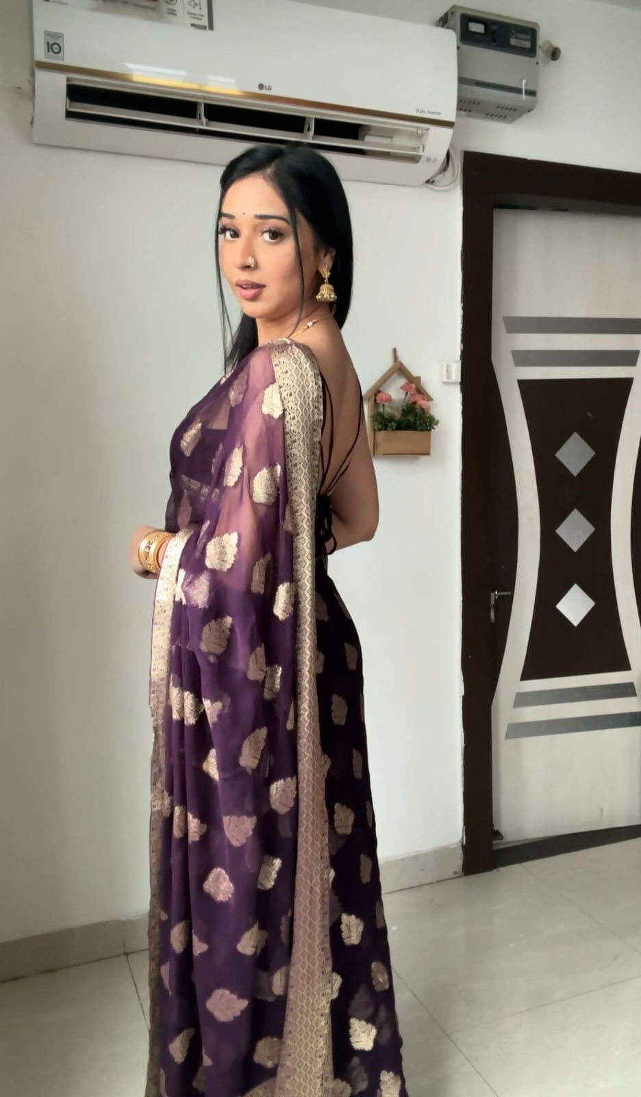Malishka litchi Silk Jacquard Ready To Wear Saree With Blouse Piece - Wine - Distacart
