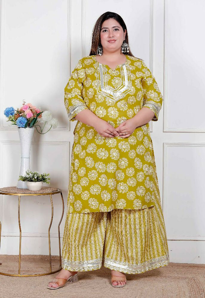 Miravan Plus Size Women'S Lime Yellow Block Printed Kurta With Palazzo