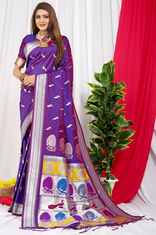 Jyoti Fashion Women's Purple Paithani Silk Zari Woven Saree with Blouse - Distacart