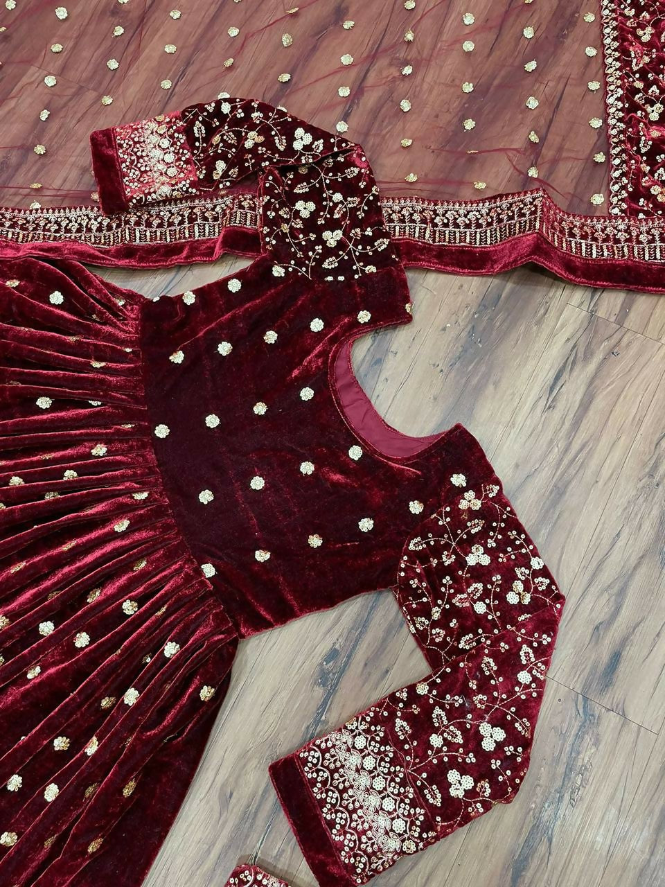 Vastranavya Wine Viscose Velvet Sequence Embroidery Work Gown Dupatta With Belt - Distacart