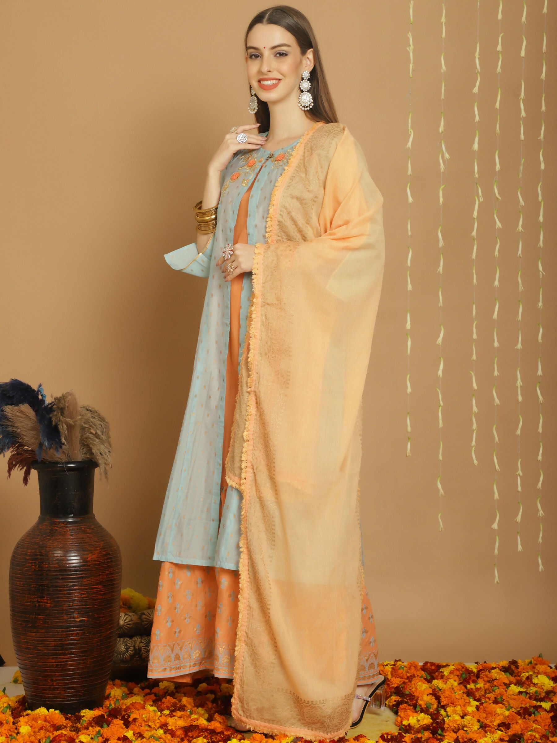 Jyoti Fashion Women's Turquoise Chanderi Silk Elegant Jardoshi Kurta with Trouser & Dupatta - Distacart