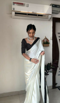 Thumbnail for Malishka Satin Silk Lace Boarder Ready To Wear Saree With Blouse Piece - White - Distacart