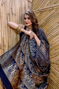 Thumbnail for Partywear Designer Dark Blue Banarasi Silk Fancy Saree - Starwalk - Distacart