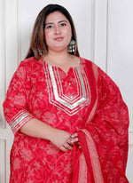 Thumbnail for Miravan Plus Size Red Floral Print Embroidered Cotton Straight Kurta With Palazzo & Dupatta - Distacart