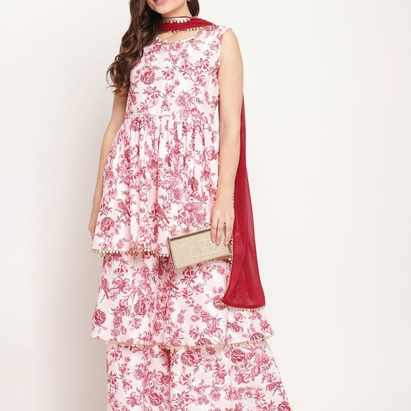 Ahalyaa Women's Pink Rayon Digital Floral Print Kurta Sharara Set with Dupatta