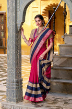 Thumbnail for Vastranavya Pink Printed with Zari Weaving Work Poly Cotton Saree & Unstitched Blouse - Distacart