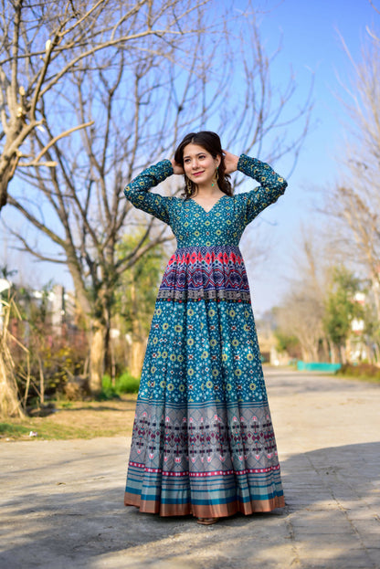 Aayaa Pure Chanderi Gown With Heavy Digital Print - Multi Color - Distacart