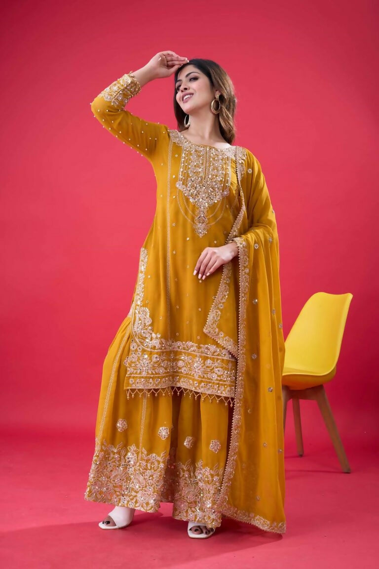 Teeya Creation Yellow Color Faux georgette Embroidery Work Sharara Set