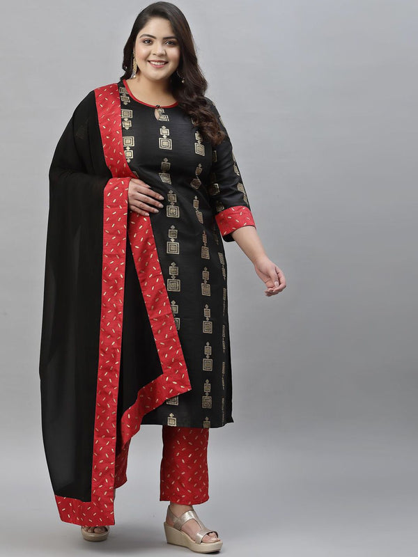 Sztori Plus Size Geometric Printed Straight Kurta With Trousers & Dupatta - Distacart