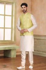 Thumbnail for Raivat Ethnic Jacquard Banarasi Silk Woven Work 3 Pics Jacket Set In Lemon Colour - Distacart