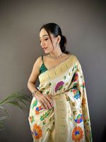 Thumbnail for Joban Fashion Off-White  Zari Woven Floral Motifs Soft Silk Paithani Silk Saree - Distacart