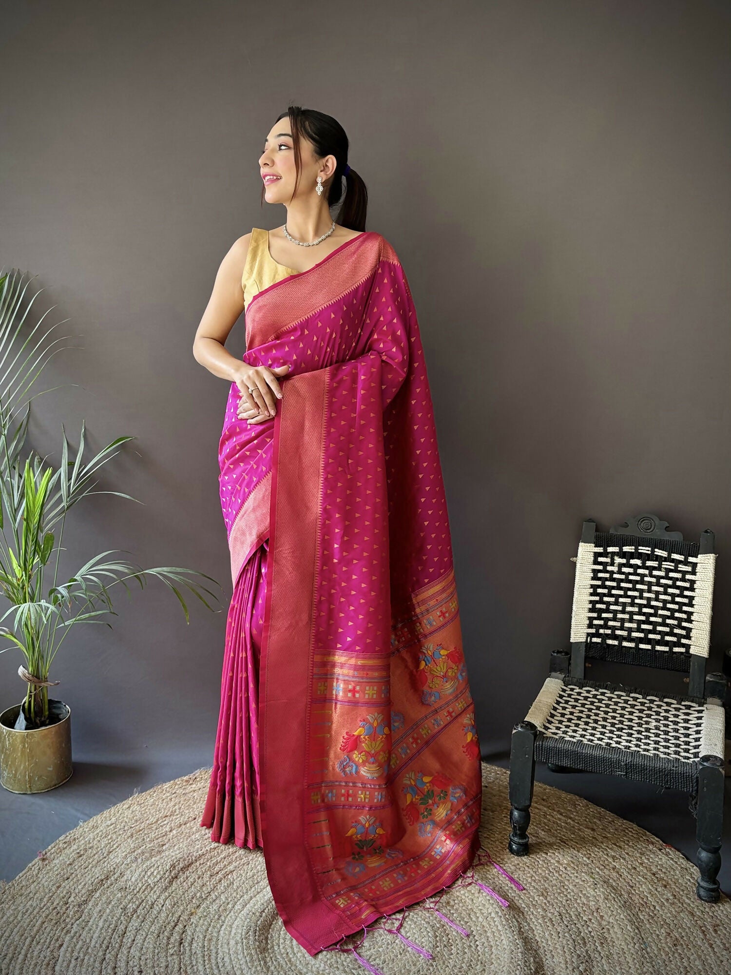 Joban Fashion Rani Pink Jacquard Butti Soft Lichi Silk Paithani Saree