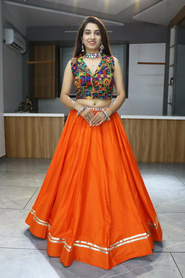 Yash Enterprise Orange Rayon Cotton Embroidery Semi Stitched Navratri Chaniya Choli - Dista