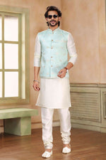Thumbnail for Raivat Ethnic Jacquard Banarasi Silk Woven Work 3 Pics Jacket Set In Pista Green Colour - Distacart