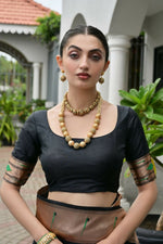 Thumbnail for Vishnu Weaves Women's Black Paithani Silk Zari Woven Saree with Blouse
