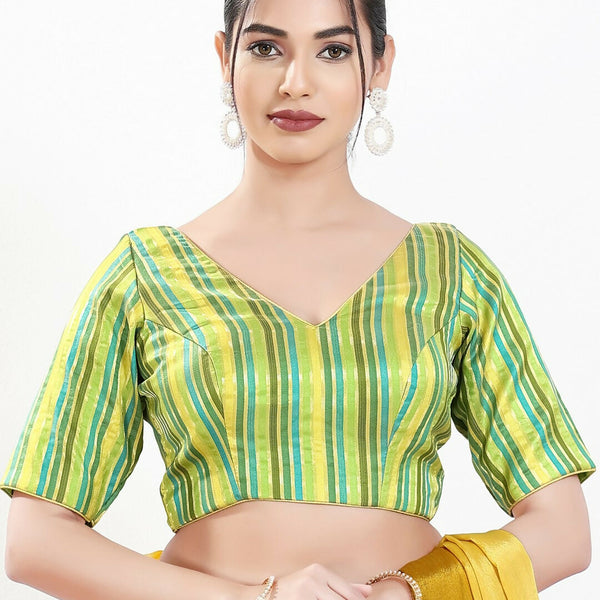 Joban Fashion Green Multi Brocade Padded Blouse With V Neck Elbow Sleeves - Distacart