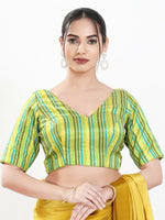 Thumbnail for Joban Fashion Green Multi Brocade Padded Blouse With V Neck Elbow Sleeves - Distacart