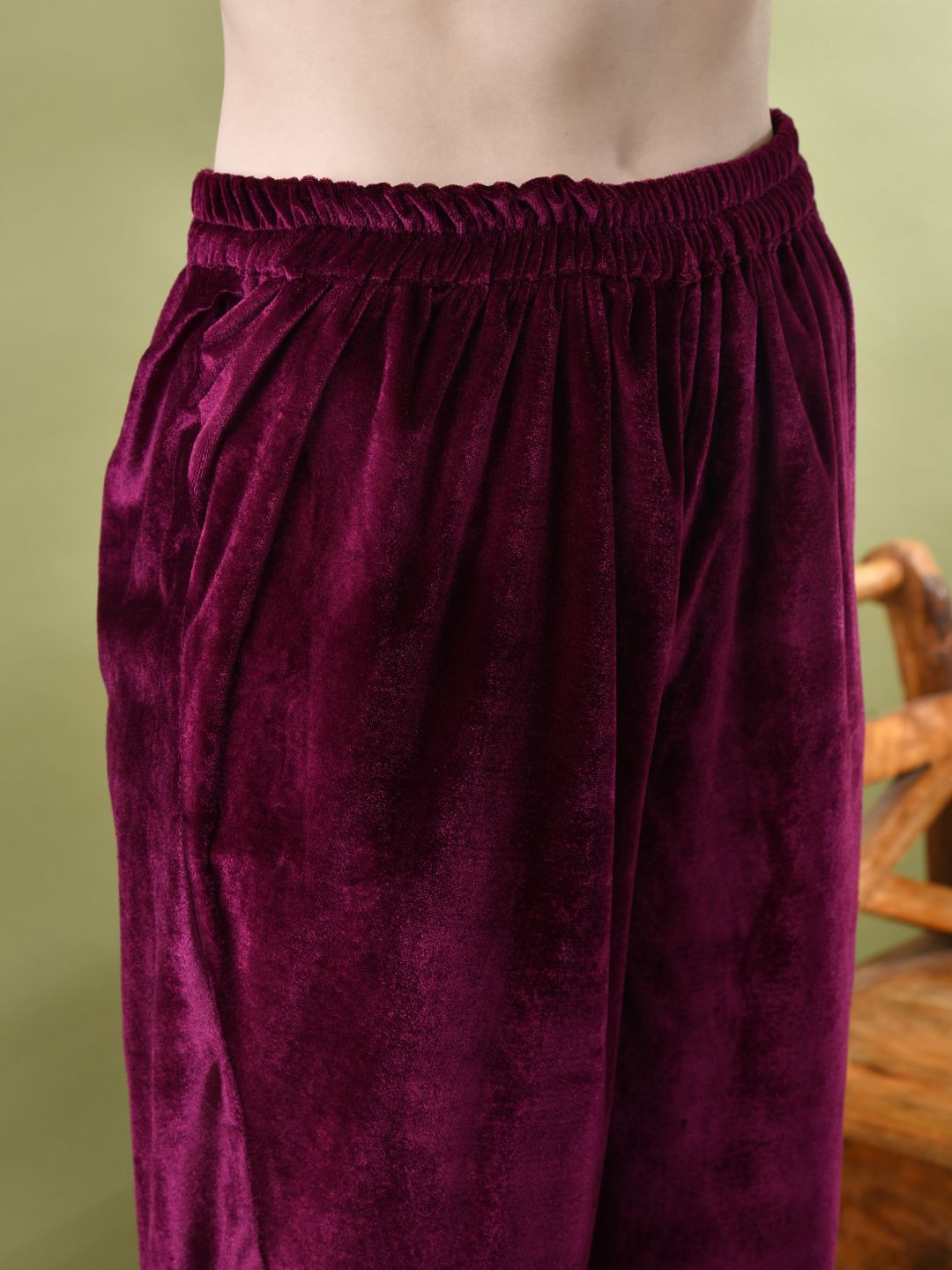 Sangria Yoke Design Velvet Kurta & Dhoti Pants With Dupatta