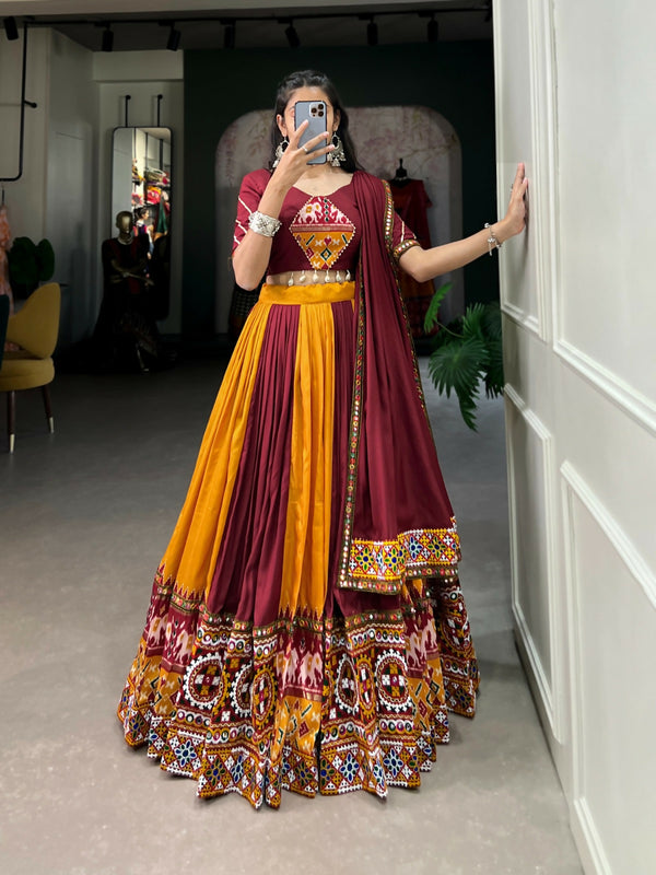Vastranavya Navaratri Special Rayon with Printed Patch With Gota Patti And Paper Mirror Work And Cowrie (Kodi) Lace Touch Up Lehenga with Stitched Blouse - Mustard - Distacart