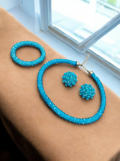 Inhanns Complete Look Crystal Statement 3-Piece Set (Adjustable Necklace + Earrings + Adjustable Bangle ) - Sky Blue - Distacart