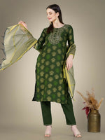 Thumbnail for Jyoti Fashion Women's Dark Green Cotton Magic Slub Embroidery & Sequence work Kurta with Trouser & Dupatta - Distacart