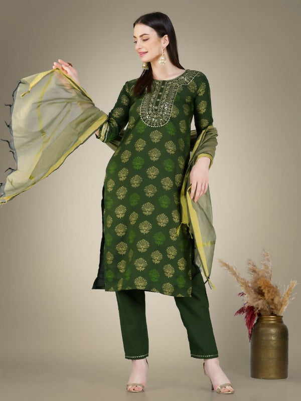 Jyoti Fashion Women's Dark Green Cotton Magic Slub Embroidery & Sequence work Kurta with Trouser & Dupatta - Distacart