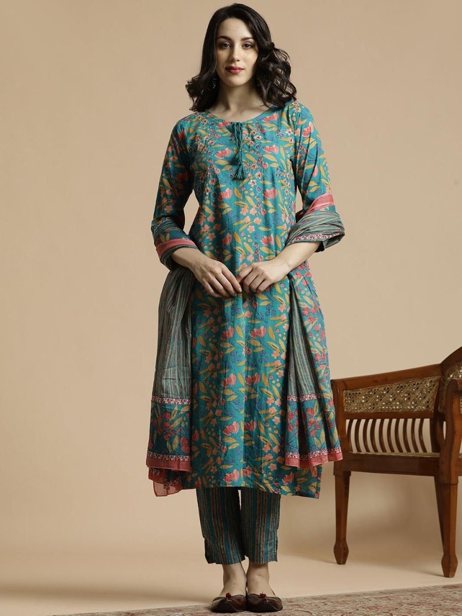 Anouk Women Embroidered Regular Thread Work Kurta with Trousers & With Dupatta - Distacart