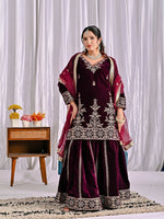 Thumbnail for Joban Fashion Wine Velvet Sequence Embroidery Work Kurta Set