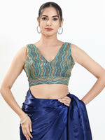Thumbnail for Joban Fashion Blue Multi Silk Padded Blouse With V Neck Sleeveless