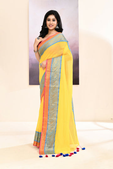 Piyari Fashion Women's Yellow Embellished Zari Border Cotton Saree - Dista