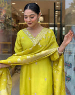 Thumbnail for Preksha Creation Indian Festival Roman Silk Women Yellow Suit Set With Hand Embroidery And Zari Weaving - Distacart