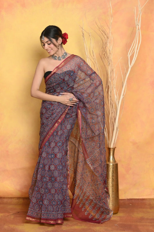 Very Much Indian Pure Kota Cotton Handblock Printed Saree - Grey - Distacart