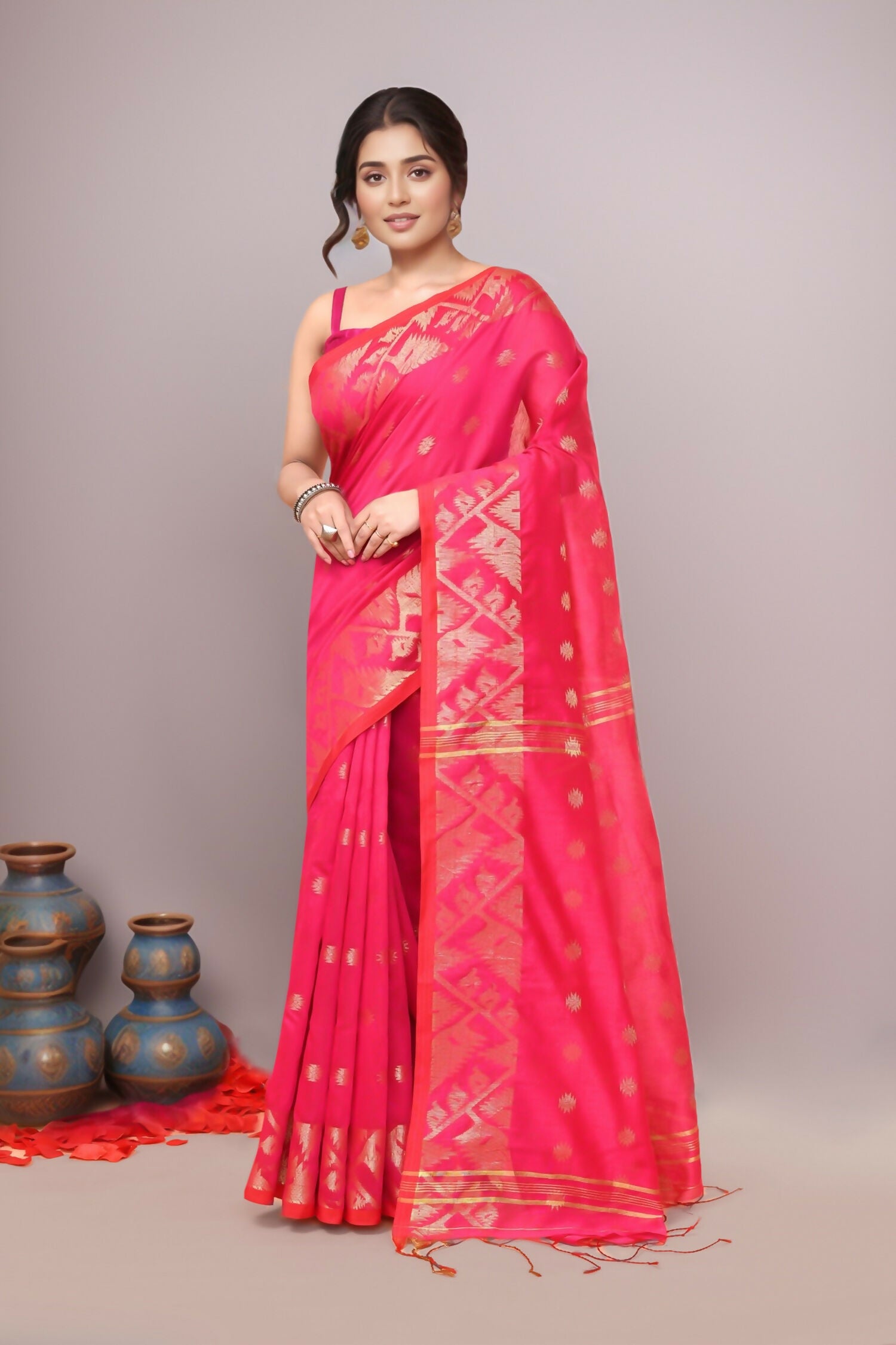 Joban Fashion Pink Cotton Blend Handloom Saree - Dista