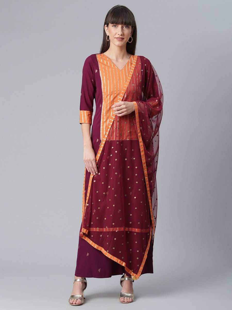 Ahalyaa Wine Crepe Solid Kurta Palazzo Set With Printed Dupatta