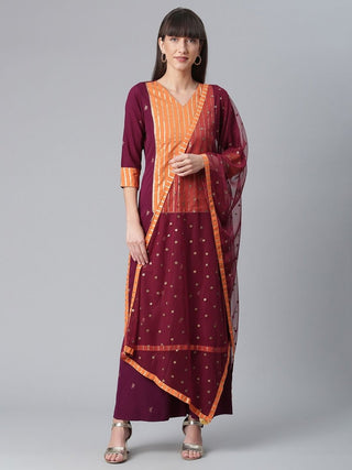 Ahalyaa Wine Crepe Solid Kurta Palazzo Set With Printed Dupatta