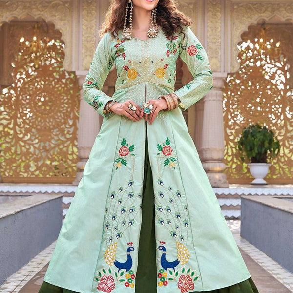 Teeya Creation Womens New Simply Wear Embroidery Sequence With Thread Work Light-Green Gown Set - Dista