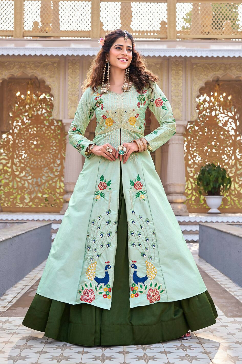 Teeya Creation Womens New Simply Wear Embroidery Sequence With Thread Work Light-Green Gown Set - Dista