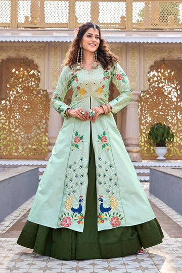 Teeya Creation Womens New Simply Wear Embroidery Sequence With Thread Work Light-Green Gown Set - Dista