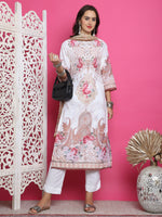 Thumbnail for Jyoti Fashion Women's Cream Satin Traditional Digital Print with Crystal work Kurta with Trouser & Dupatta - Distacart